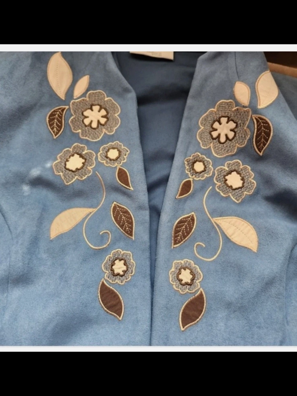 Vintage blue faux-suede jacket Dressbarn Woman cream and brown embroidered #0249 - Picture 6 of 6